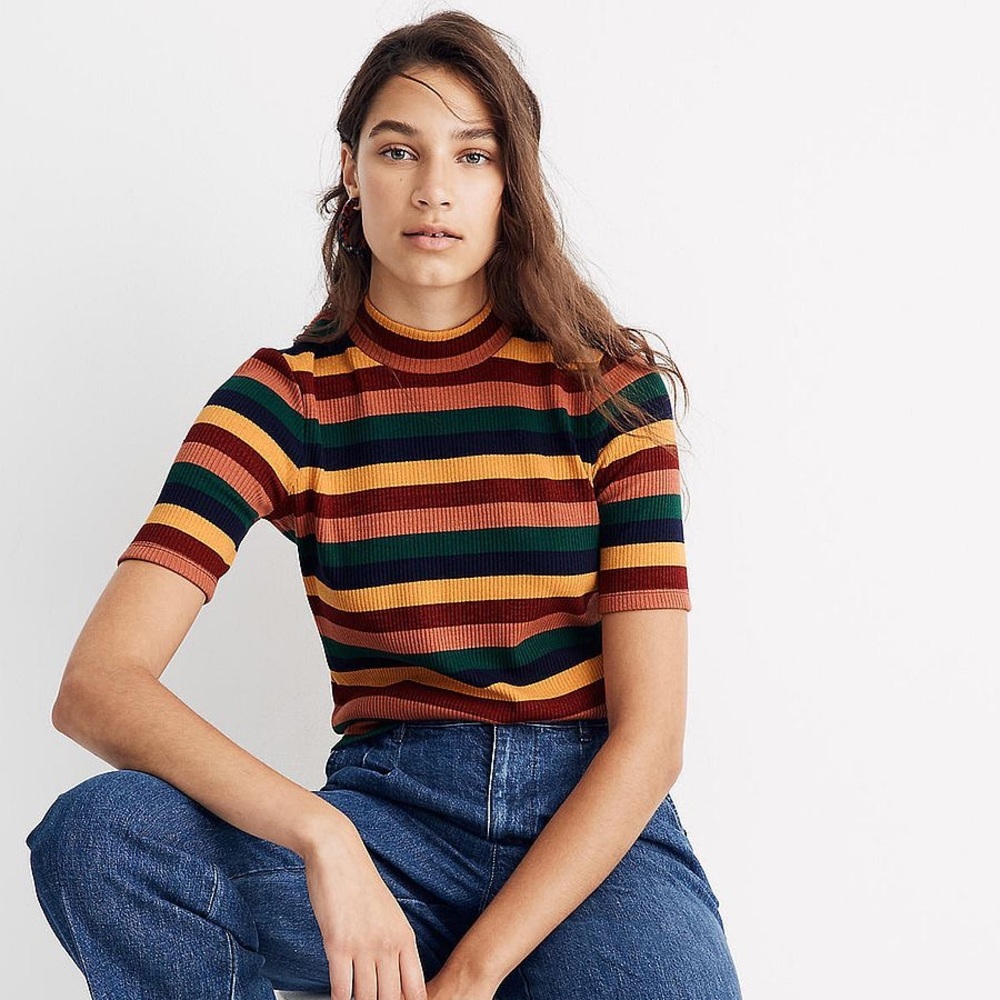 Madewell Ribbed Mockneck Top in Rainbow Stripe